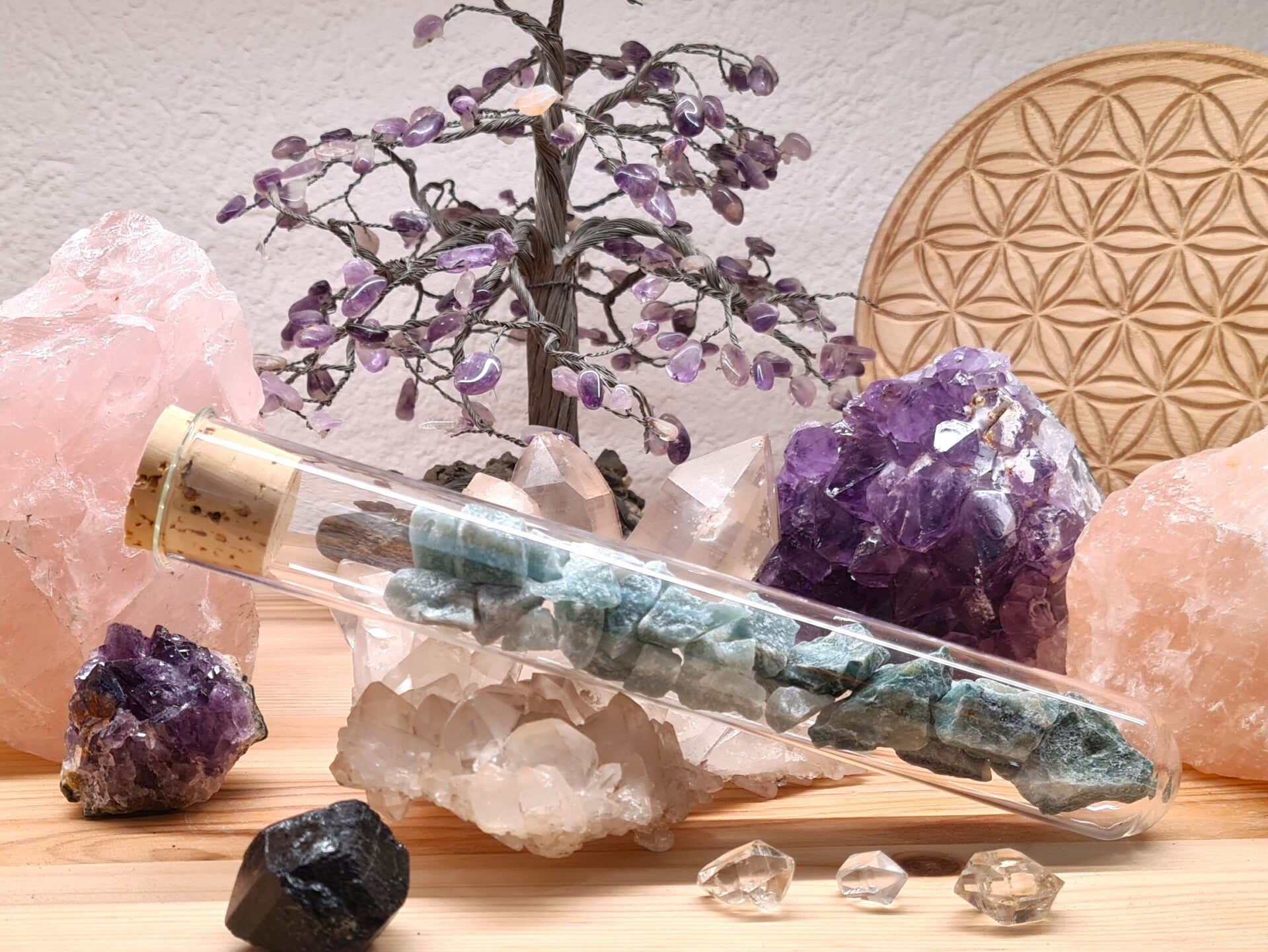 Wassersteinmischung 23 "Unbeschwertheit und Geduld“, Grüner Aventurinquarz und Prasem / Grünschiefer, Reagenzglasmethode