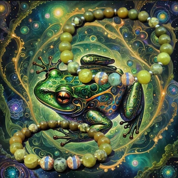 Armband "Bufo Alvarius", Mongol-Achat, Regenwald-Rhyolith, Serpentin, Smaragd