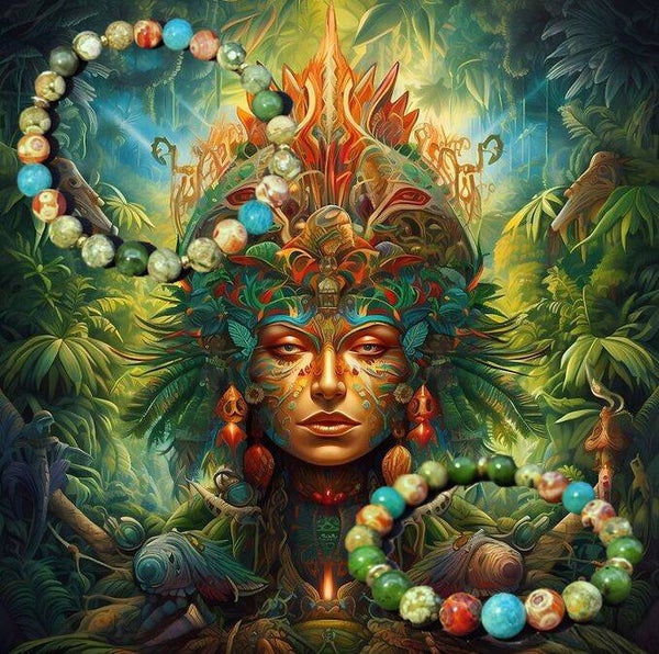 Armband "Ayahuasca", Amazonit, Nephrit, Regenwald-Rhyolith, Mongol-Achat