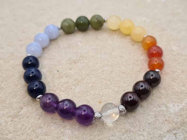 Armband "Chakra - Silvermoon", 22 Edelsteinperlen, 925er Silber rhodiniert