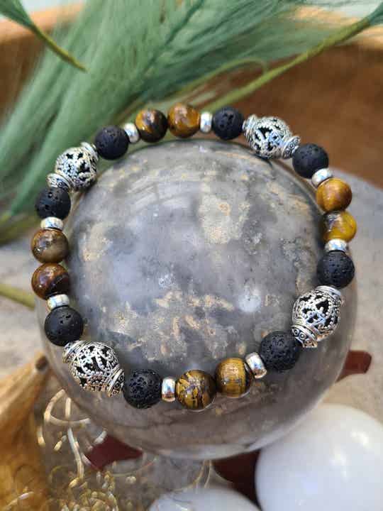 Armband "Opportunity²" mit Tigerauge-, Ornament-, und Lavaperlen