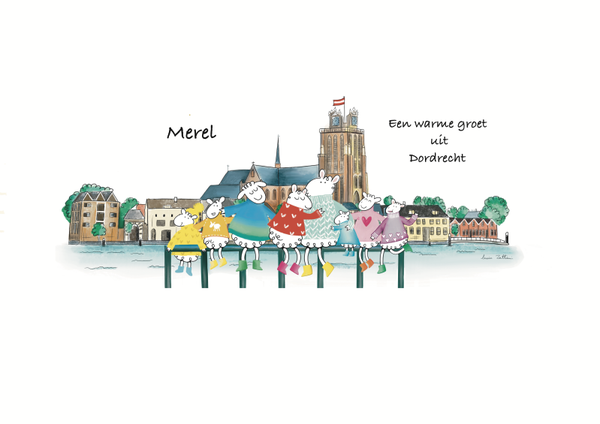 Beker, schapen op hek skyline Dordrecht.