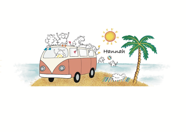 Beker, schapen met bus en strand.