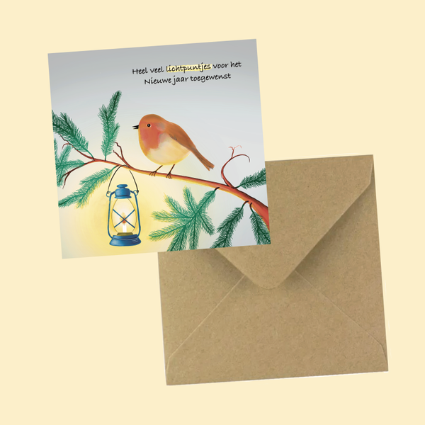 Kaart met roodborstje heel veel lichtpuntjes voor het nieuwe jaar toegewenst