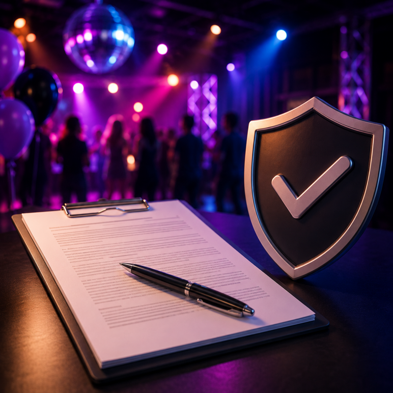Algemene voorwaarden van Groep8feestje.nl met overeenkomst, pen en schild als symbool voor duidelijke afspraken.