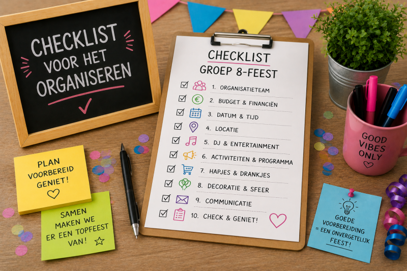 Checklist voor het organiseren van een groep 8-feest met alle belangrijke voorbereidingen op een rij