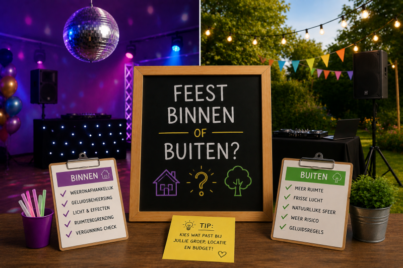 Vergelijking tussen een binnen- en buitenlocatie voor een groep 8-feest