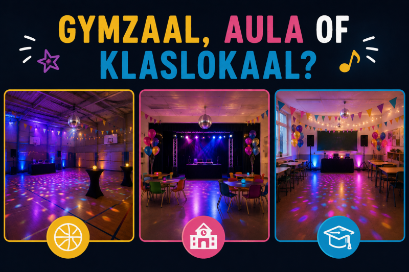 Vergelijking van een gymzaal, aula en klaslokaal als locatie voor een groep 8-feest