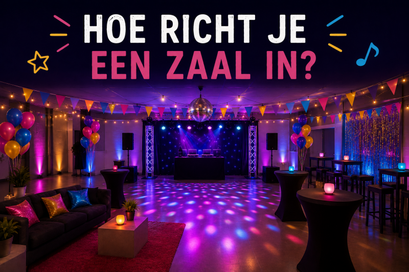 Voorbeeld van de ideale inrichting van een zaal voor een groep 8-feest of groep 8 disco