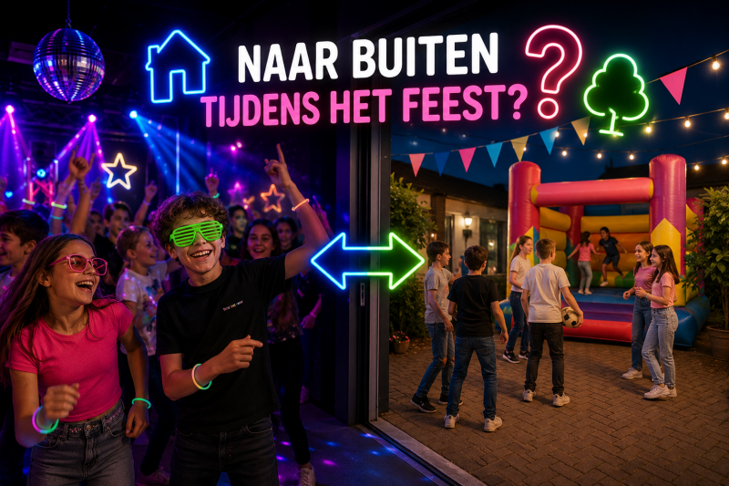 Leerlingen lopen tijdens een groep 8-feest van de feestzaal naar buiten voor extra activiteiten tijdens een groep 8-disco.