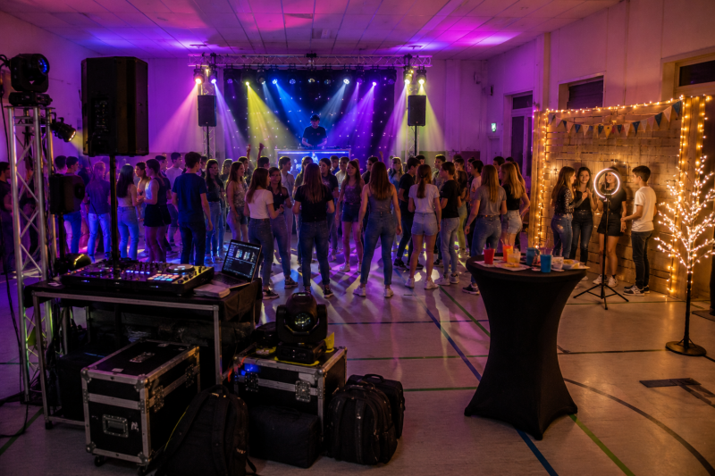 Ruime dansvloer met DJ-opstelling en extra entertainment tijdens een groep 8 feest