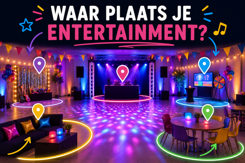 Plattegrond met de beste opstelling voor DJ, entertainment en zitgedeelte tijdens een groep 8-feest