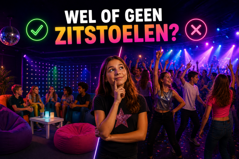 Groep 8-feest met dansvloer en loungehoek als voorbeeld van zitplaatsen tijdens een schoolfeest