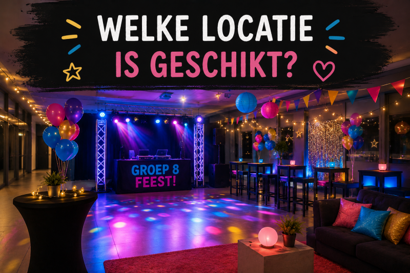 Sfeervolle locatie voor een groep 8-feest met professionele DJ, verlichting en feestdecoratie