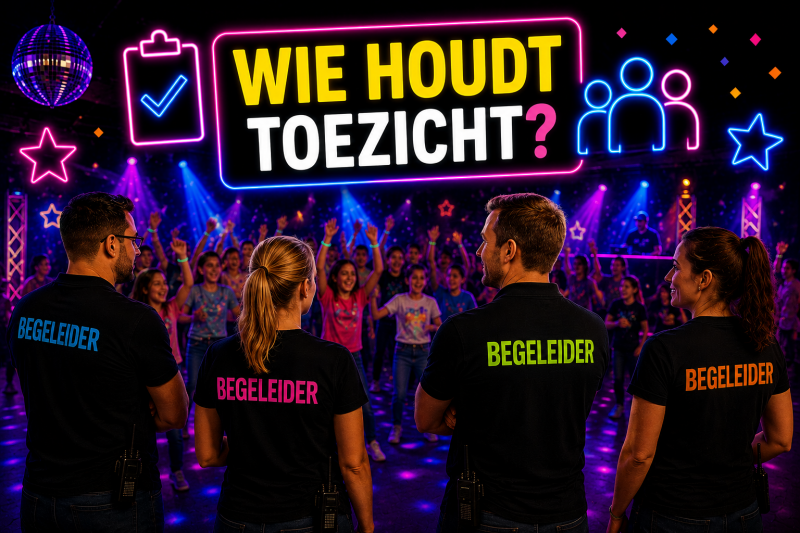 Toezichthouders begeleiden leerlingen tijdens een groep 8-disco voor een veilige en gezellige feestavond.