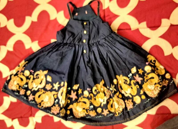 Navy Blue 12-24 Month Gold printed trim on the flare shirt and gold button accents with spaghetti straps (Pre-Owned)