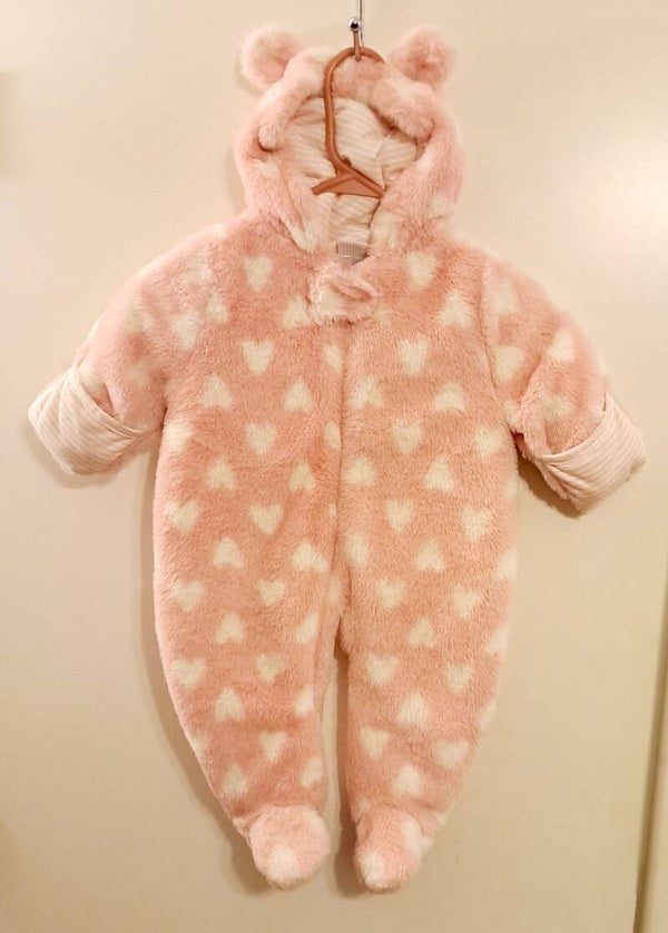 Pink with white hearts Snowsuit 6-9 Months fully covered from head to toe.  Pre-Owned