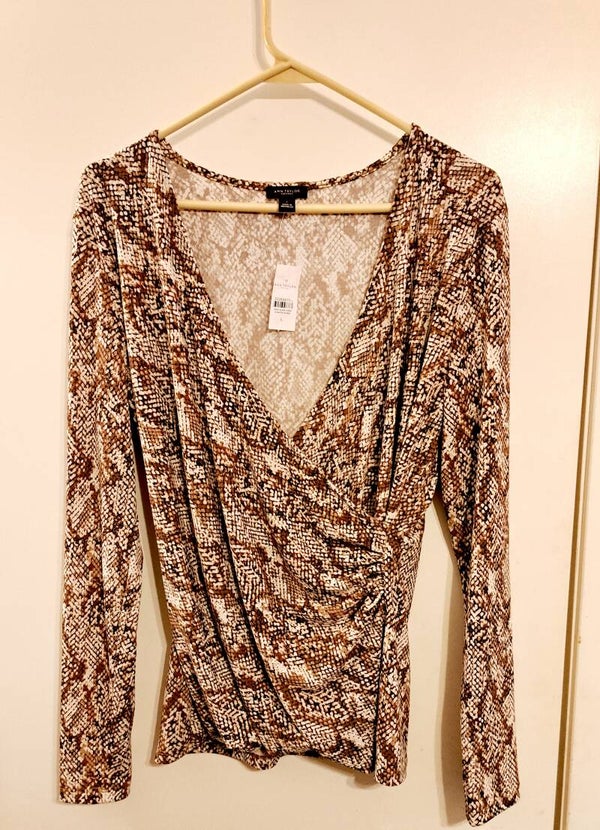 Ann Taylor brown and white snakeskin print long sleeve wrap top
