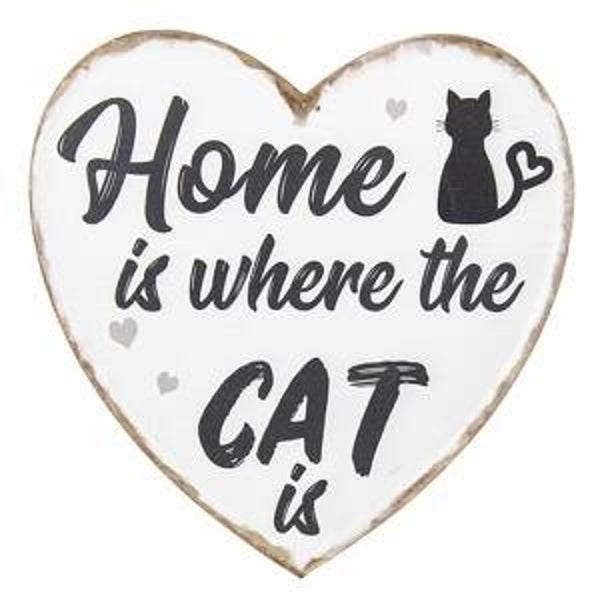Clayre & Eef - Hartvormig Tekstbord “Home is where the cat is”