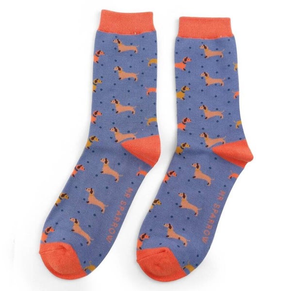 Mr Sparrow - Teckel Sokken Sausage Dog & Spots Denim