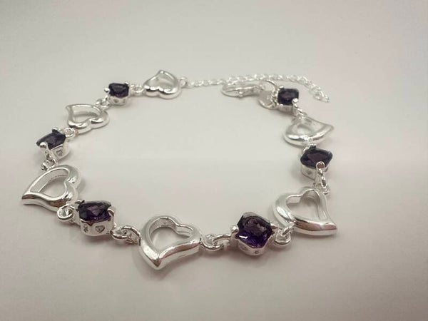 Elegante RVS Armband met Hartjes en Paarse Steentjes