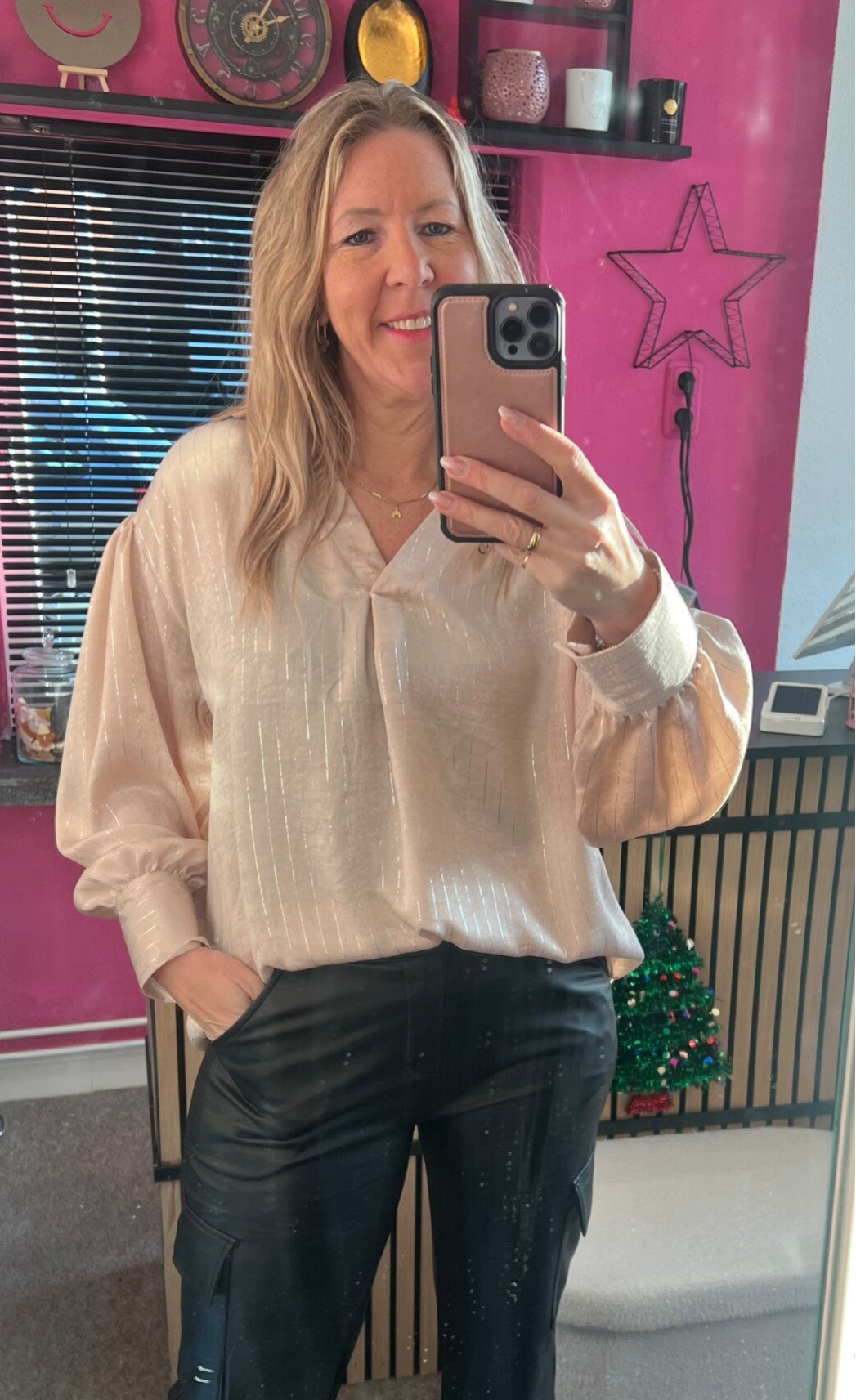 Blouse met zilveren strepen Beige