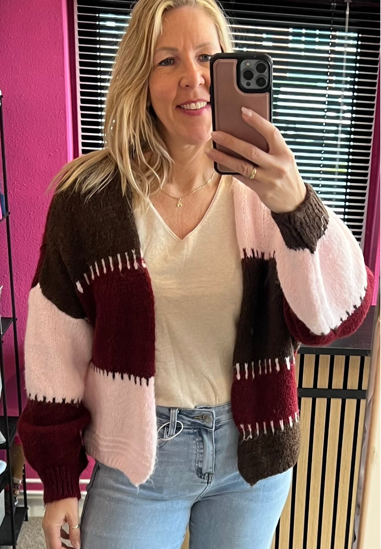 Vest Cardigan blok/strepen kleurrijk Bordeauxrood/ChocoBruin