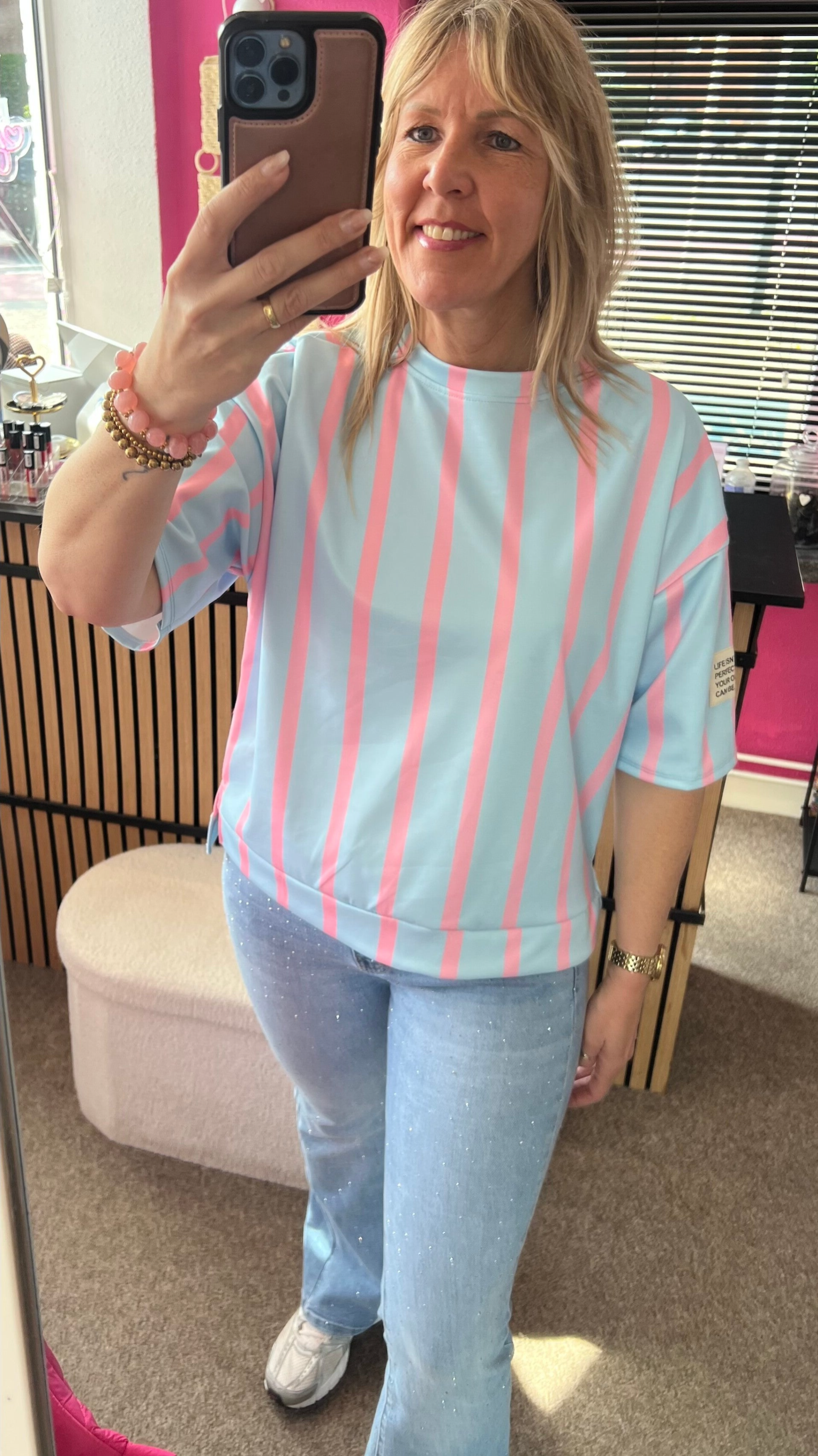 Stripe T-shirt Sweater korte mouw Blauw/Roze