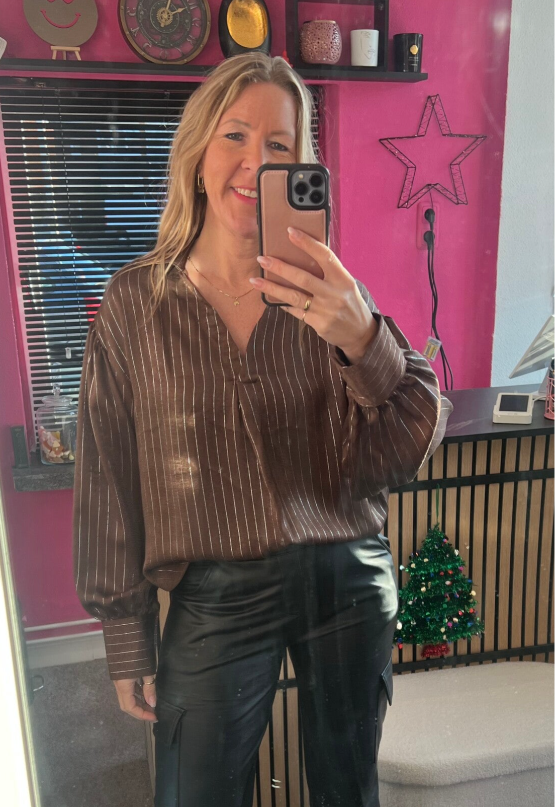 Blouse met zilveren strepen Bruin