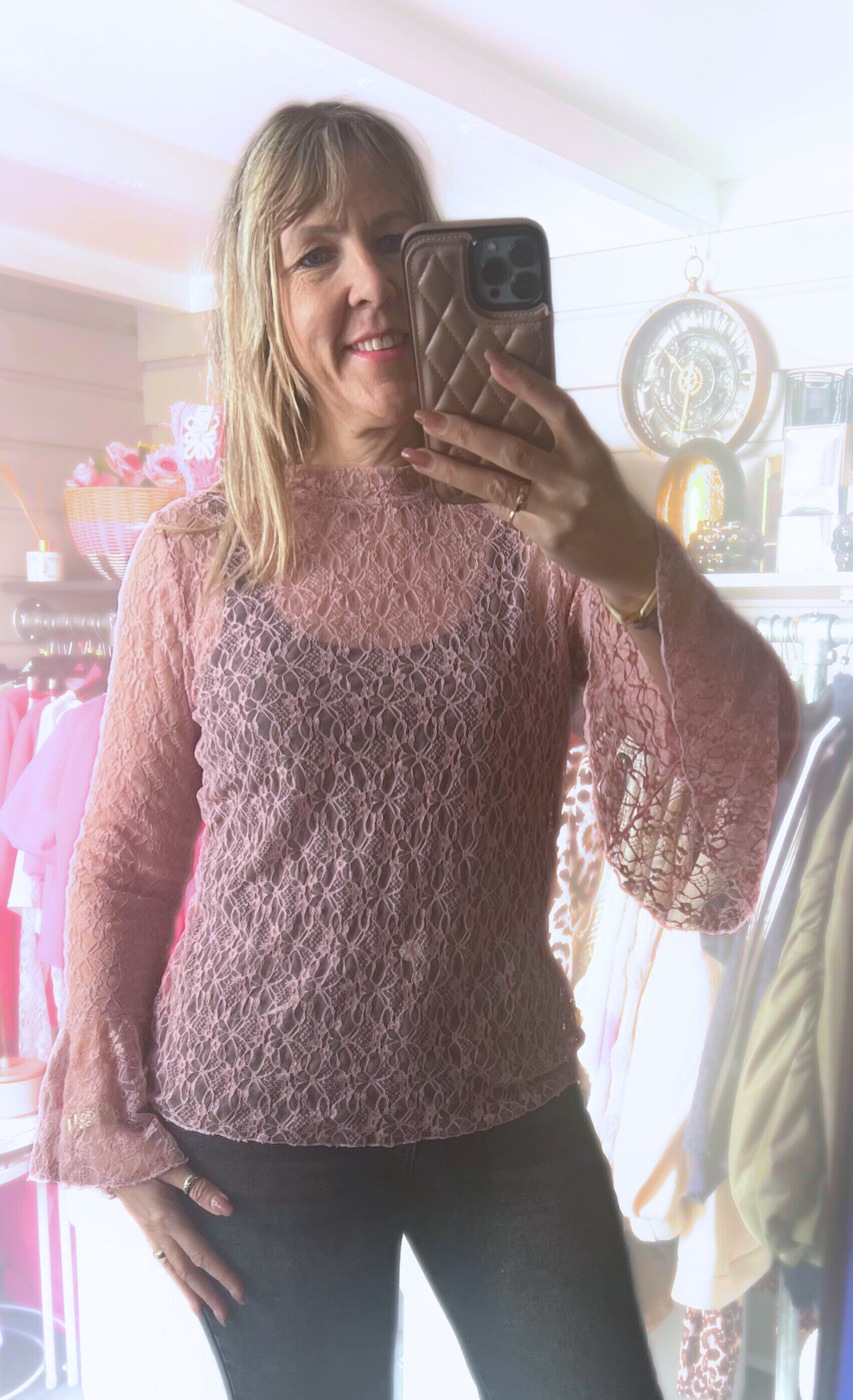 Kanten top met uitlopende mouw Licht Roze