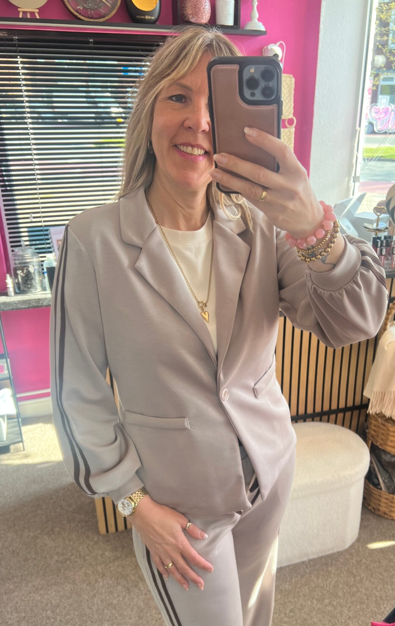 Blazer Jack jog stof Taupe met bruine bies