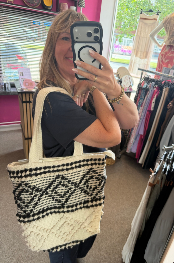 Handgemaakte katoenen Boho Ibiza tas met rits beige/zwart