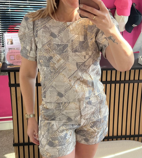 Top Jacquard Gold met pofmouw Goud/Grijs