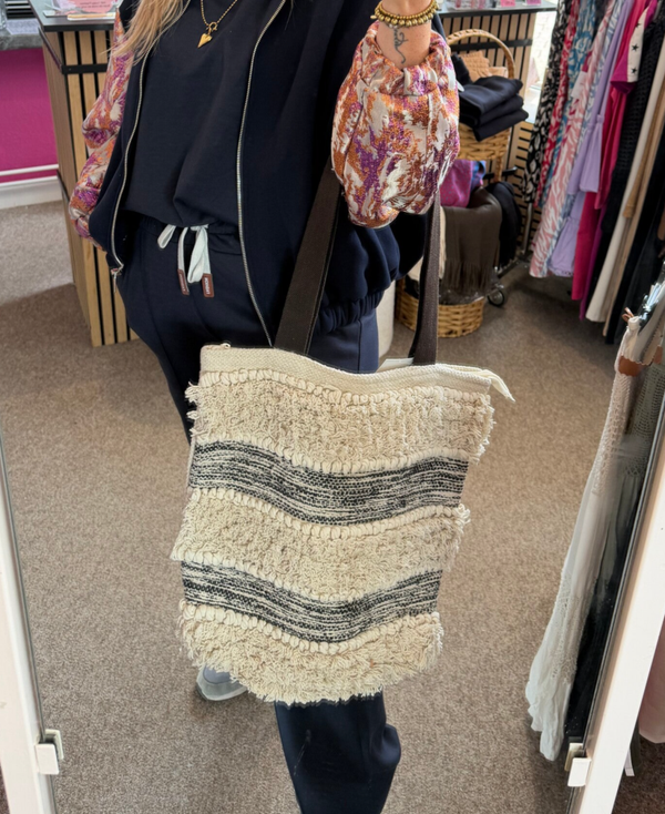Handgemaakte katoenen Boho Ibiza tas strepen met rits beige/zwart