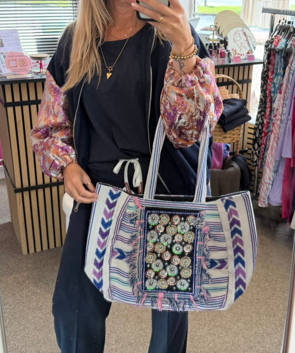 Boho Ibiza tas met rits paars glitters