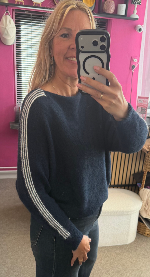 Boothals trui met witte strepen Navy/Donker blauw