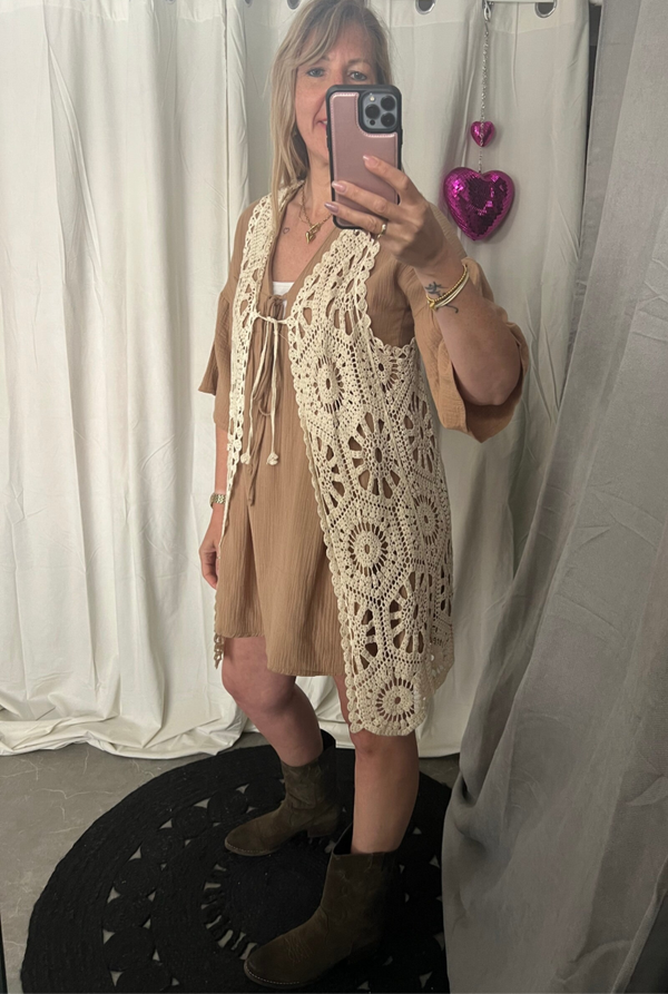 Boho Kanten lang Gilet Beige