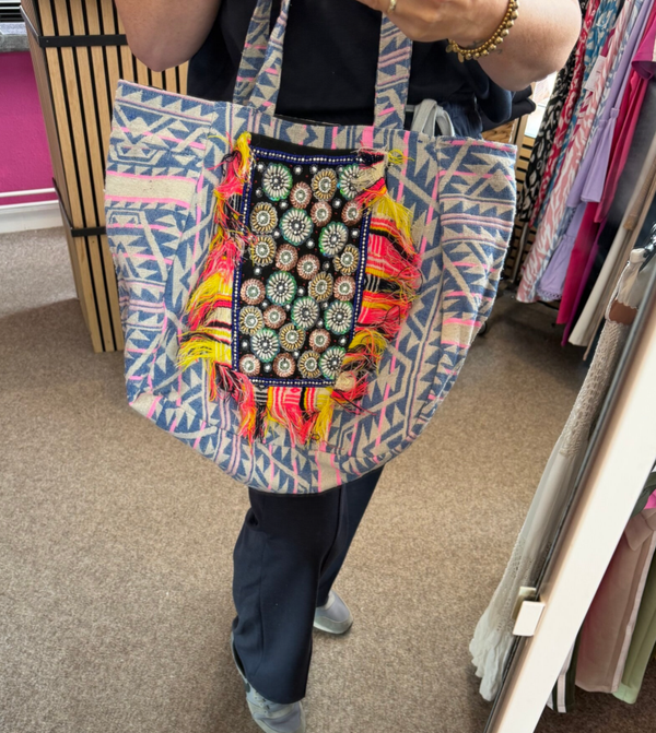 Boho Ibiza tas met rits Roze/blauw met oranje glitters