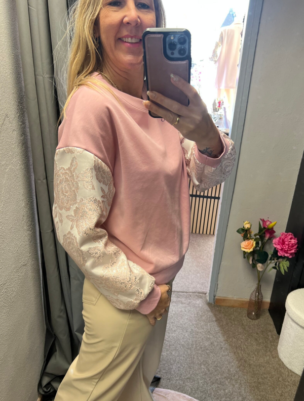 Sweater Roze met Jacquard mouwen Roze/Zilver