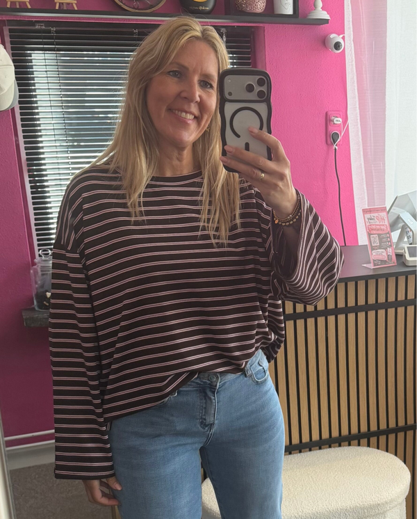 Comfortabele Gestreept Top met Wijde Mouwen – Bruin/Roze