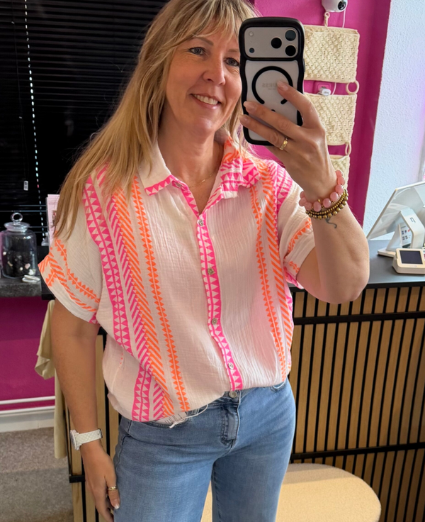 Blouse Fay wafel gestreept Roze/Wit