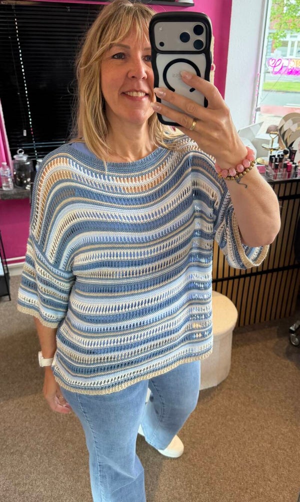Top gehaakt gestreept Blauw/Wit/Beige