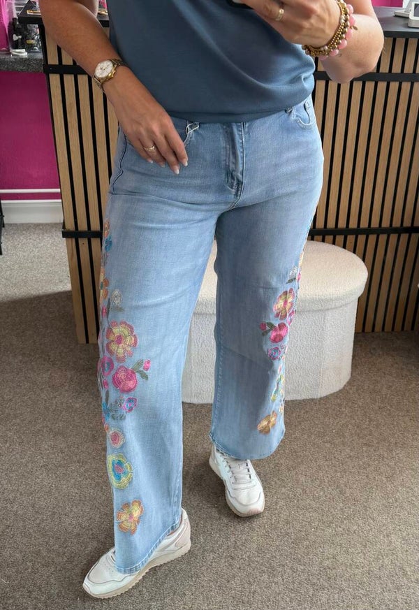 Jeans met bloemen Flower Blauw