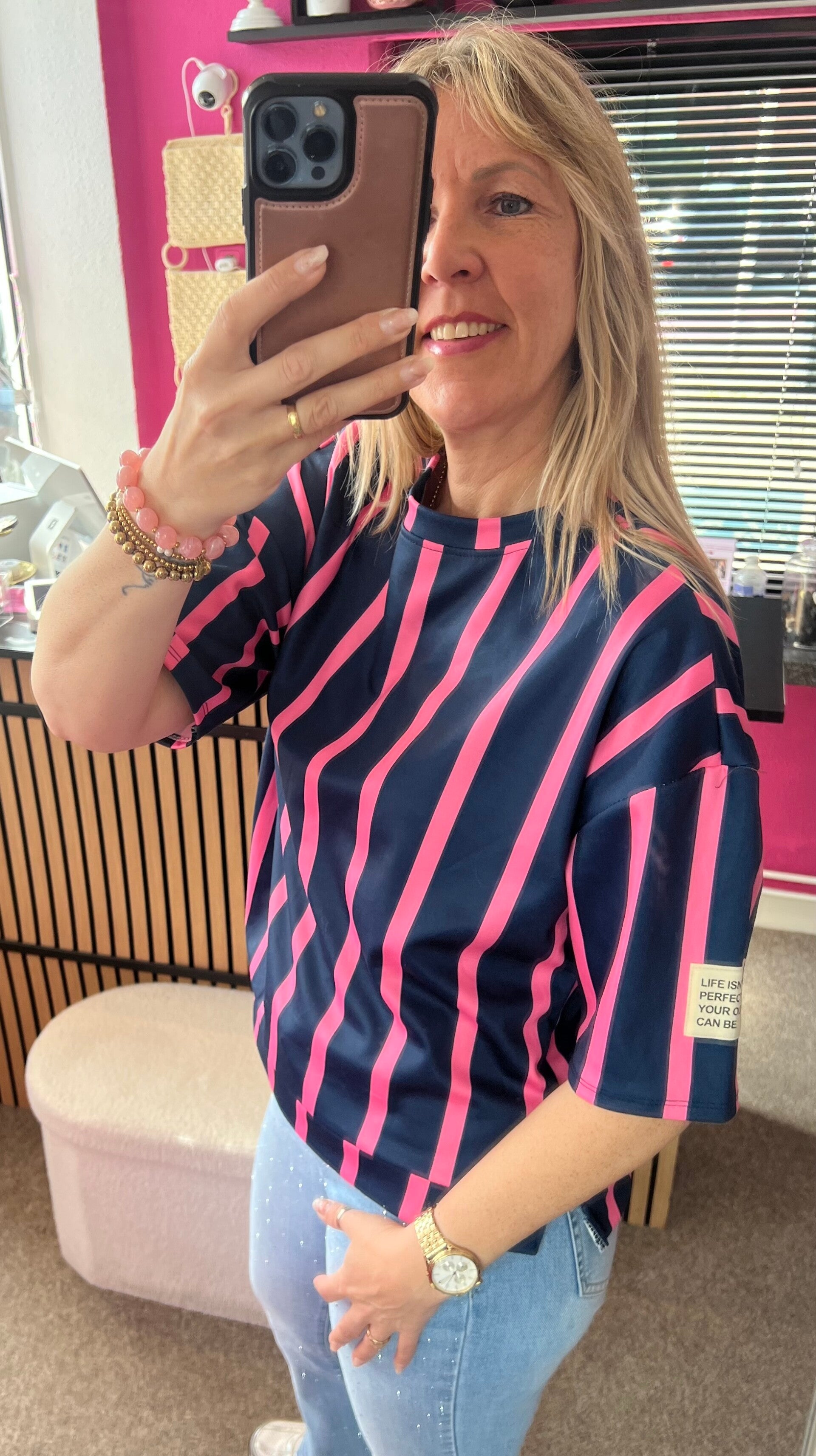 Stripe T-shirt sweater korte mouw Navy/Roze