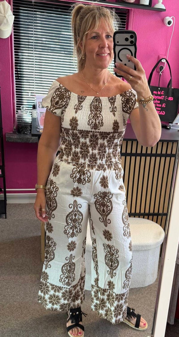 Tweedelige set, Crop top en bedrukte rechte broek Bruin