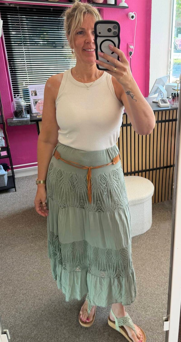 Ibiza Boho rok met kanten stroken Groen