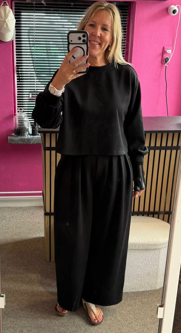 Comfy pak met knoop op schouder en wide leg comfy pantalon Zwart