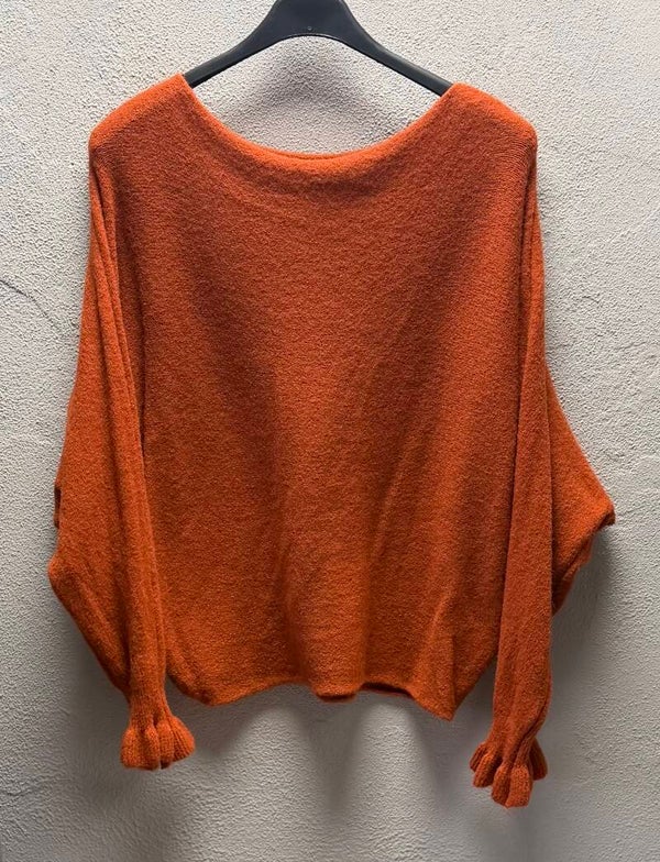 Trui boothals, vleermuis mouw met ruffle Brique/Roest