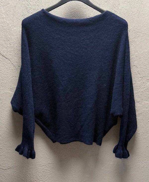 Trui boothals, vleermuis mouw met ruffle Navy/Blauw