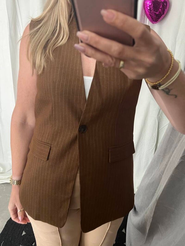 Gilet lang bruin met krijtstreep